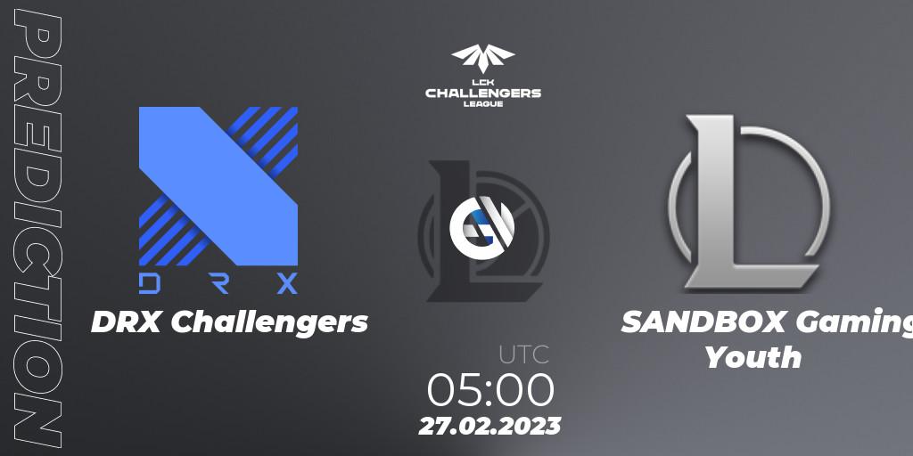 DRX Challengers contre SANDBOX Gaming Youth : prédiction de match. 27.02.2023 at 05:00. LoL, LCK Challengers League 2023 Spring