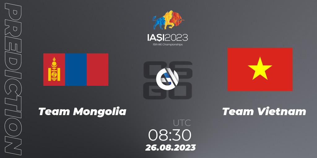 Team Mongolia contre Team Vietnam : prédiction de match. 26.08.2023 at 12:30. Counter-Strike (CS2), IESF World Esports Championship 2023