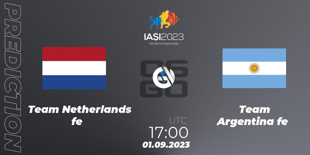 Team Netherlands fe contre Team Argentina fe : prédiction de match. 01.09.2023 at 19:00. Counter-Strike (CS2), IESF Female World Esports Championship 2023
