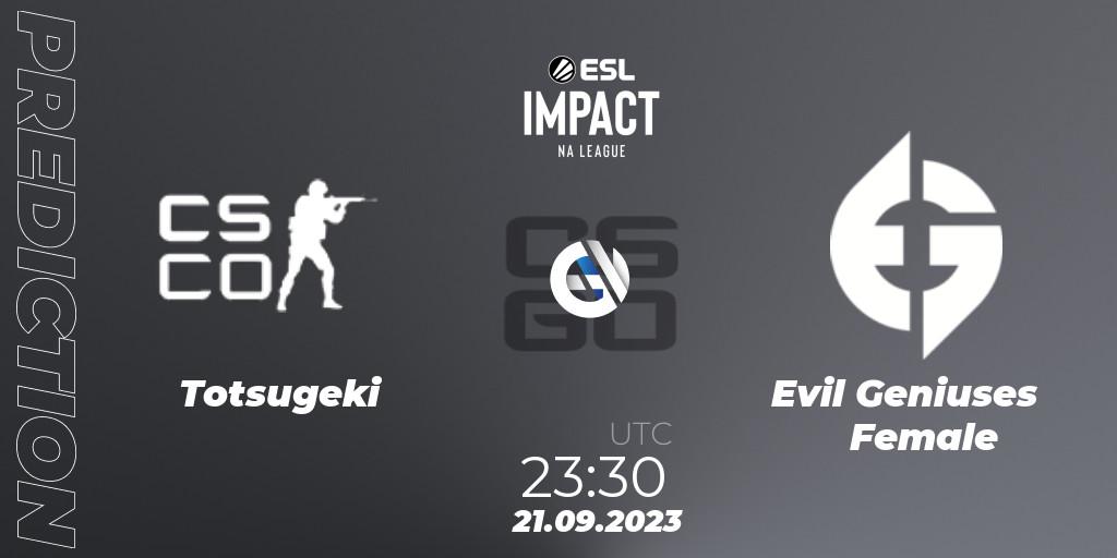 Totsugeki contre Evil Geniuses Female : prédiction de match. 21.09.2023 at 23:30. Counter-Strike (CS2), ESL Impact League Season 4: North American Division