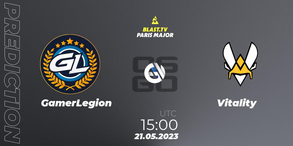 GamerLegion contre Vitality : prédiction de match. 21.05.2023 at 15:00. Counter-Strike (CS2), BLAST Paris Major 2023