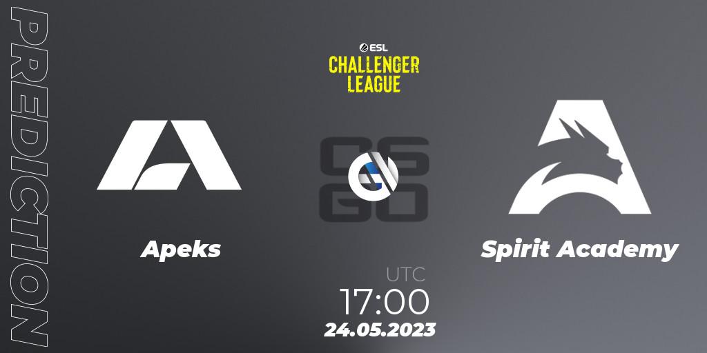 Apeks contre Spirit Academy : prédiction de match. 24.05.2023 at 17:00. Counter-Strike (CS2), ESL Challenger League Season 45: Europe