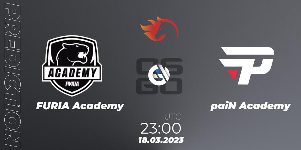 FURIA Academy contre paiN Academy : prédiction de match. 18.03.2023 at 23:00. Counter-Strike (CS2), FiReLEAGUE Academy 2023 Finals