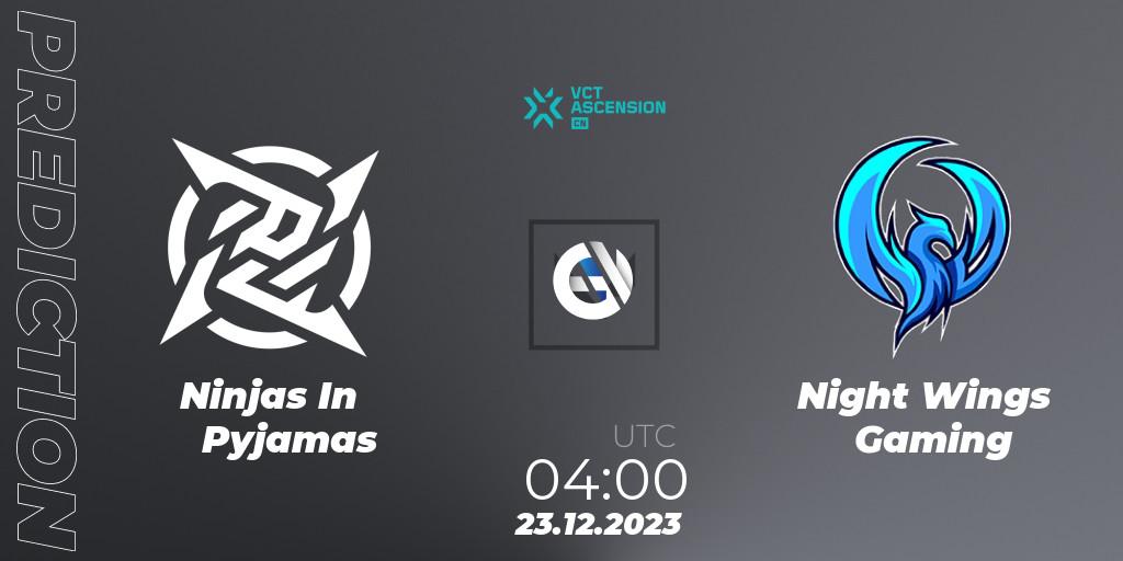 Ninjas In Pyjamas contre Night Wings Gaming : prédiction de match. 23.12.2023 at 04:00. VALORANT, VALORANT China Ascension 2023