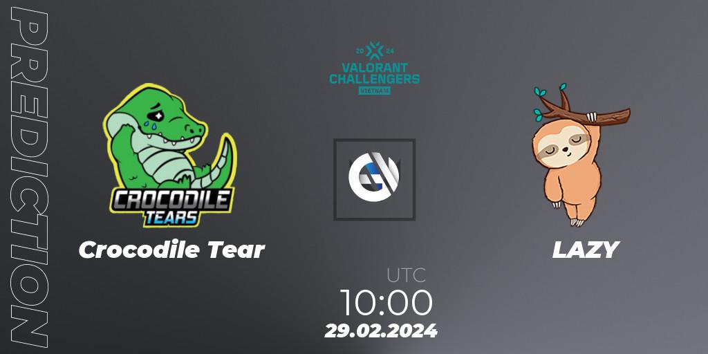 Crocodile Tear contre LAZY : prédiction de match. 29.02.2024 at 10:00. VALORANT, VALORANT Challengers 2024 Vietnam: Split 1