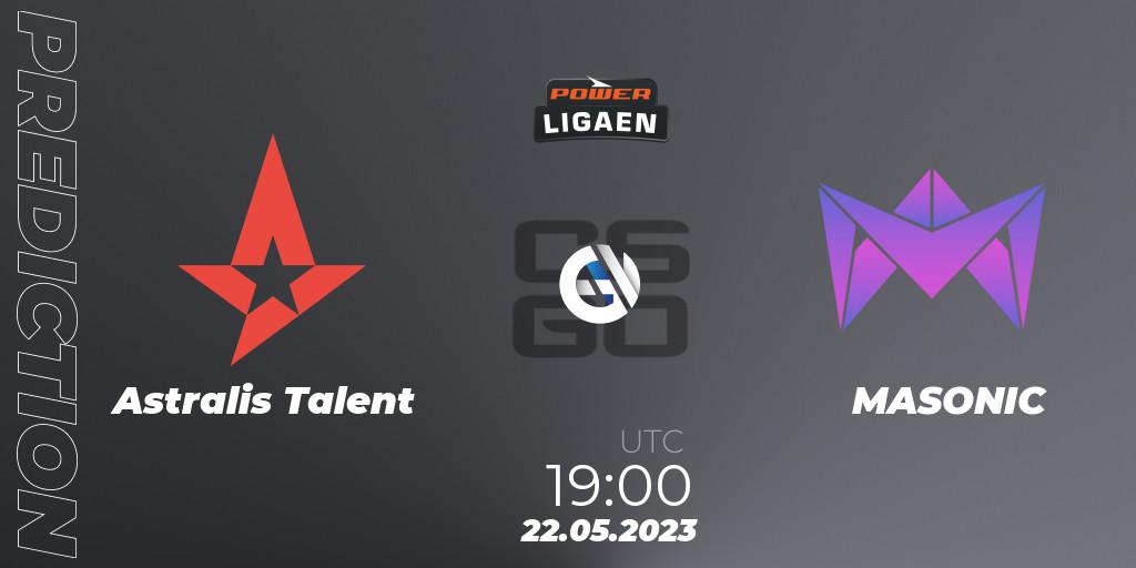 Astralis Talent contre MASONIC : prédiction de match. 22.05.2023 at 19:00. Counter-Strike (CS2), Dust2.dk Ligaen Season 23