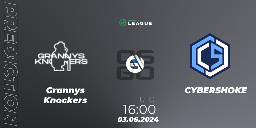 Grannys Knockers contre CYBERSHOKE : prédiction de match. 03.06.2024 at 16:00. Counter-Strike (CS2), ESEA Season 49: Advanced Division - Europe