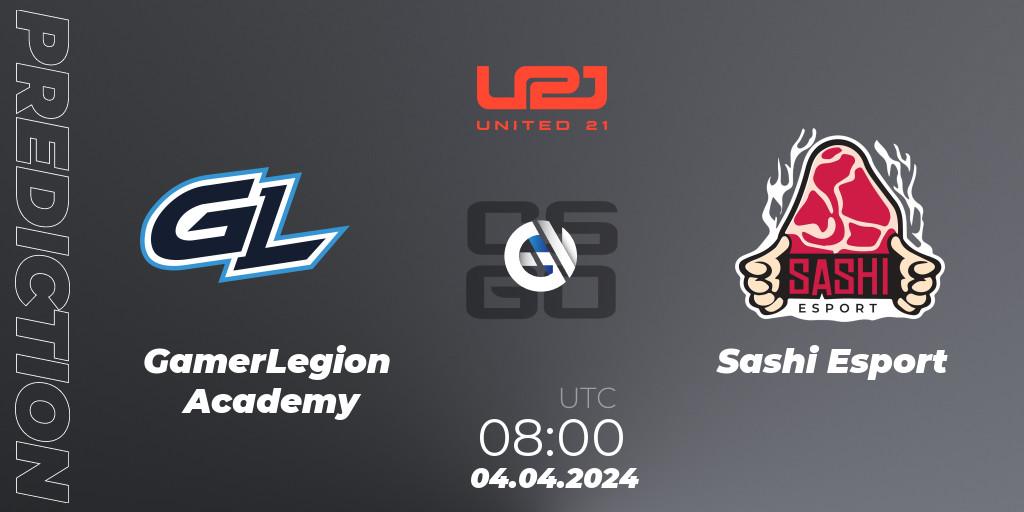 GamerLegion Academy contre Sashi Esport : prédiction de match. 04.04.2024 at 08:00. Counter-Strike (CS2), United21 Season 14