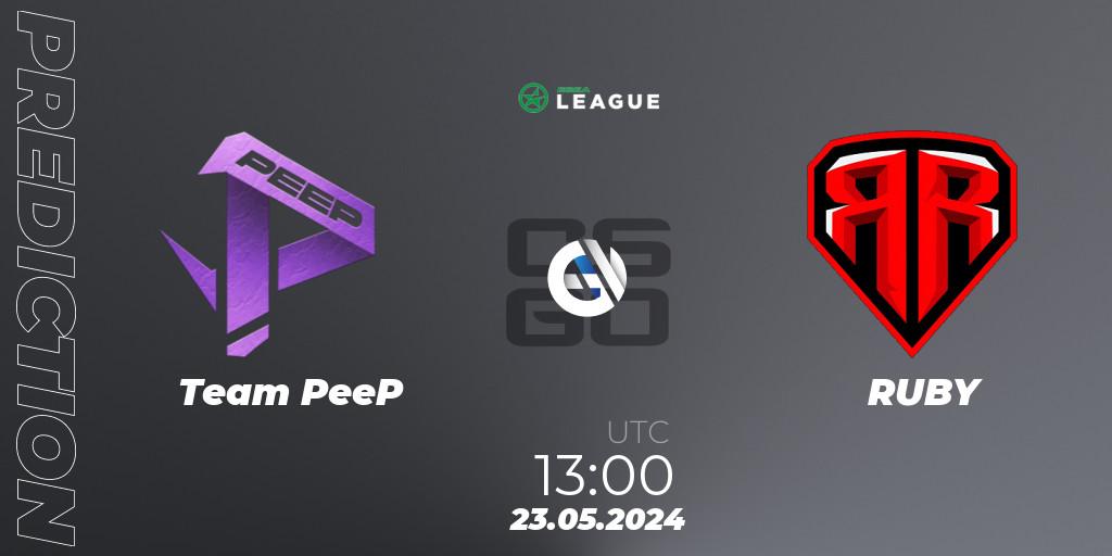 Team PeeP contre RUBY : prédiction de match. 23.05.2024 at 13:00. Counter-Strike (CS2), ESEA Season 49: Advanced Division - Europe