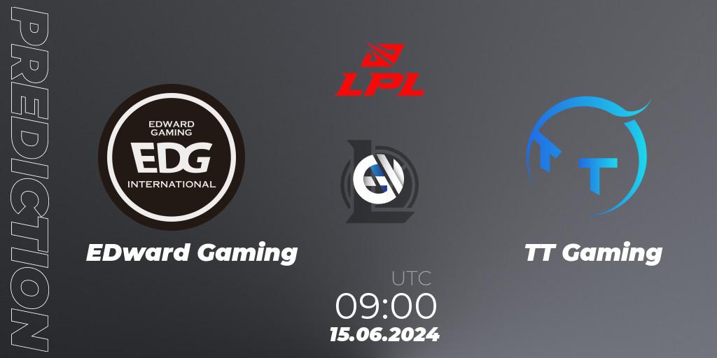 EDward Gaming contre TT Gaming : prédiction de match. 15.06.2024 at 09:00. LoL, LPL 2024 Summer - Group Stage