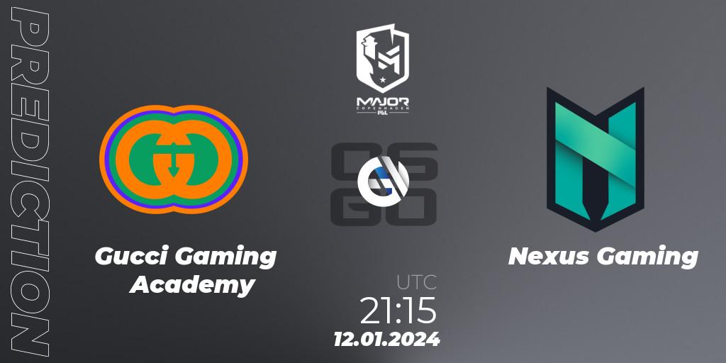 Gucci Gaming Academy contre Nexus Gaming : prédiction de match. 12.01.2024 at 21:15. Counter-Strike (CS2), PGL CS2 Major Copenhagen 2024 Europe RMR Open Qualifier 3