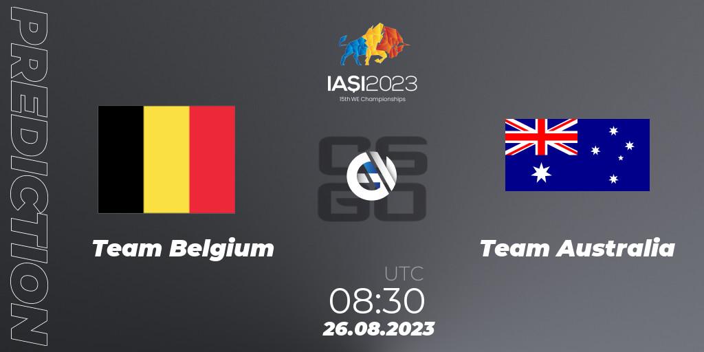 Team Belgium contre Team Australia : prédiction de match. 26.08.2023 at 12:30. Counter-Strike (CS2), IESF World Esports Championship 2023