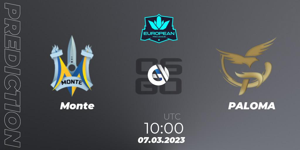 Monte contre PALOMA : prédiction de match. 07.03.2023 at 10:00. Counter-Strike (CS2), European Pro League Season 6