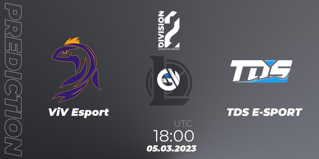 ViV Esport contre TDS E-SPORT : prédiction de match. 05.03.2023 at 18:00. LoL, LFL Division 2 Spring 2023 - Group Stage