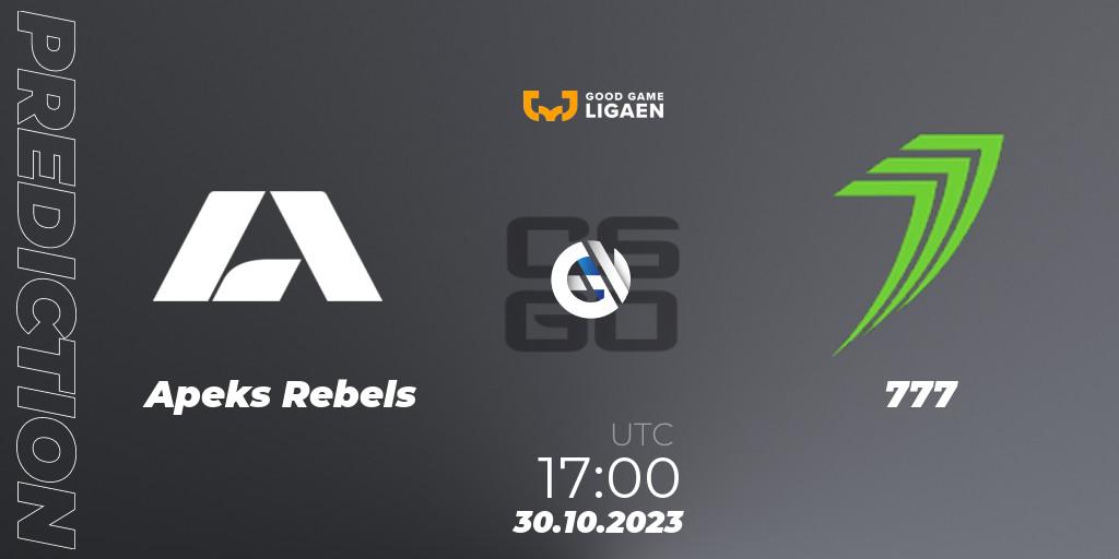 Apeks Rebels contre 777 : prédiction de match. 30.10.2023 at 17:00. Counter-Strike (CS2), Good Game-ligaen Fall 2023: Regular Season