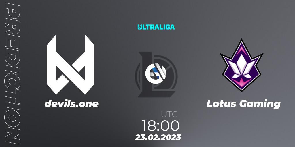 devils.one contre Lotus Gaming : prédiction de match. 23.02.2023 at 18:00. LoL, Ultraliga 2nd Division Season 6