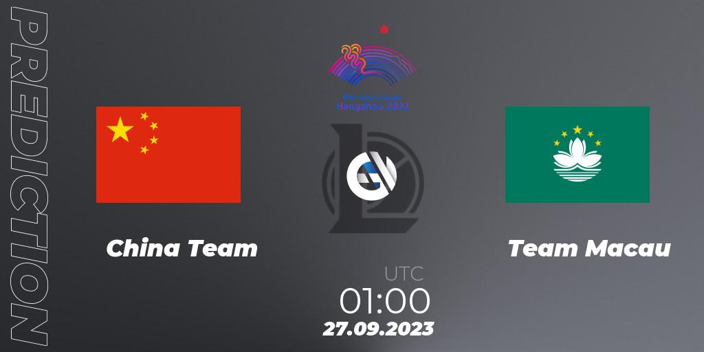 China Team contre Team Macau : prédiction de match. 27.09.2023 at 01:00. LoL, 2022 Asian Games