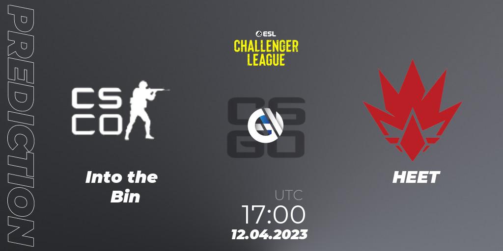Into the Bin contre HEET : prédiction de match. 17.04.2023 at 17:00. Counter-Strike (CS2), ESL Challenger League Season 45: Europe