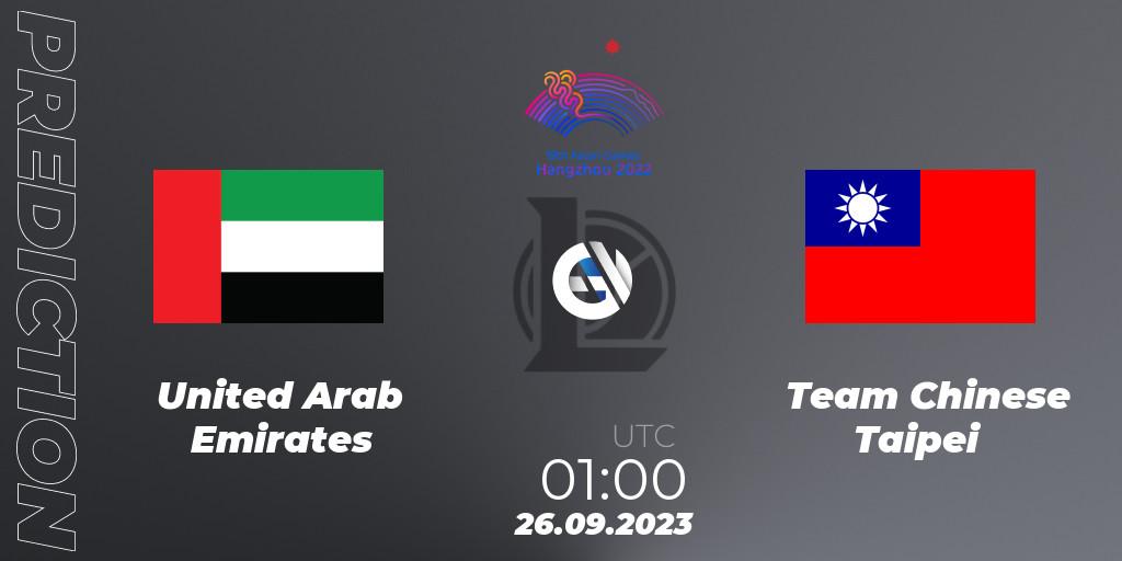 United Arab Emirates contre Team Chinese Taipei : prédiction de match. 26.09.2023 at 01:00. LoL, 2022 Asian Games