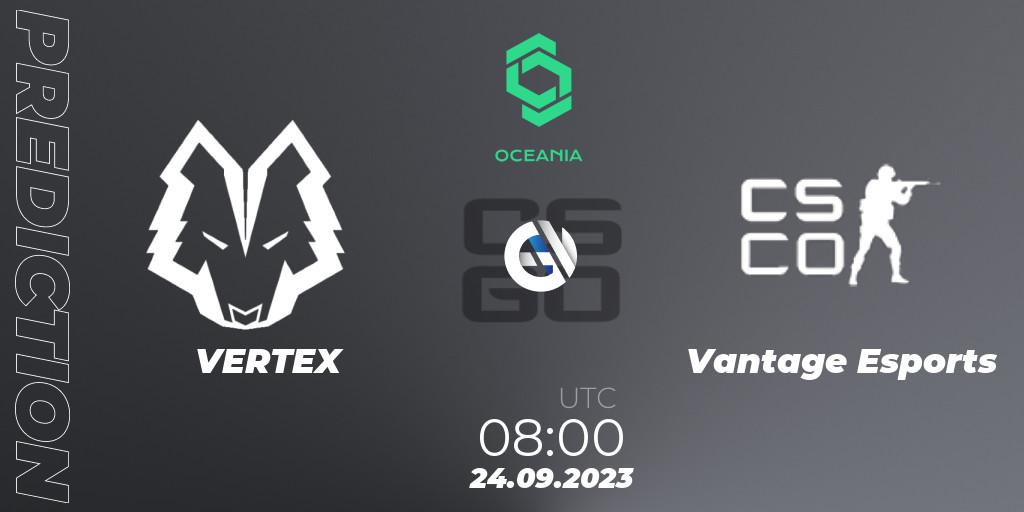 VERTEX contre Vantage Esports : prédiction de match. 24.09.2023 at 08:00. Counter-Strike (CS2), CCT Oceania Series #2