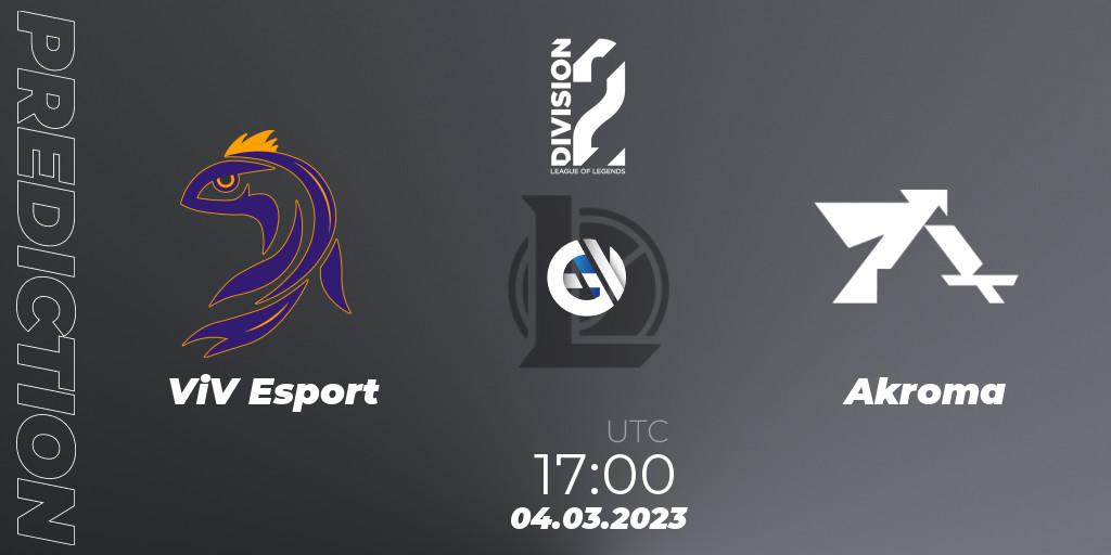 ViV Esport contre Akroma : prédiction de match. 04.03.2023 at 17:00. LoL, LFL Division 2 Spring 2023 - Group Stage