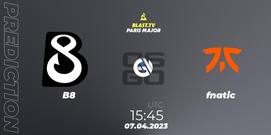 B8 contre fnatic : prédiction de match. 07.04.23. CS2 (CS:GO), BLAST.tv Paris Major 2023 Europe RMR A