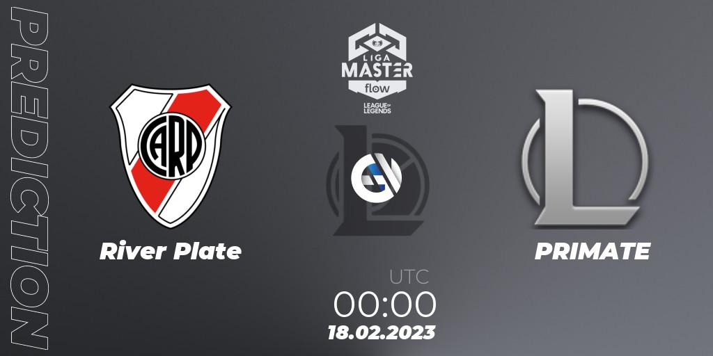 River Plate contre PRIMATE : prédiction de match. 18.02.2023 at 00:00. LoL, Liga Master Opening 2023 - Group Stage