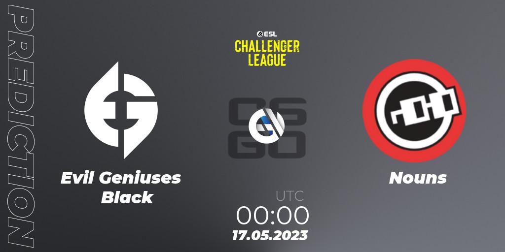 Evil Geniuses Black contre Nouns : prédiction de match. 17.05.2023 at 02:55. Counter-Strike (CS2), ESL Challenger League Season 45: North America