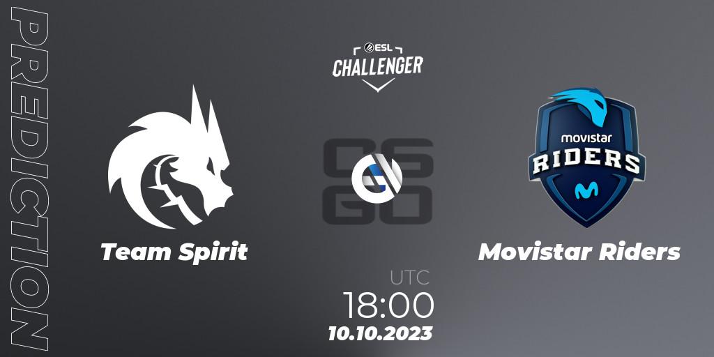 Team Spirit contre Movistar Riders : prédiction de match. 10.10.2023 at 18:00. Counter-Strike (CS2), ESL Challenger at DreamHack Winter 2023: European Qualifier
