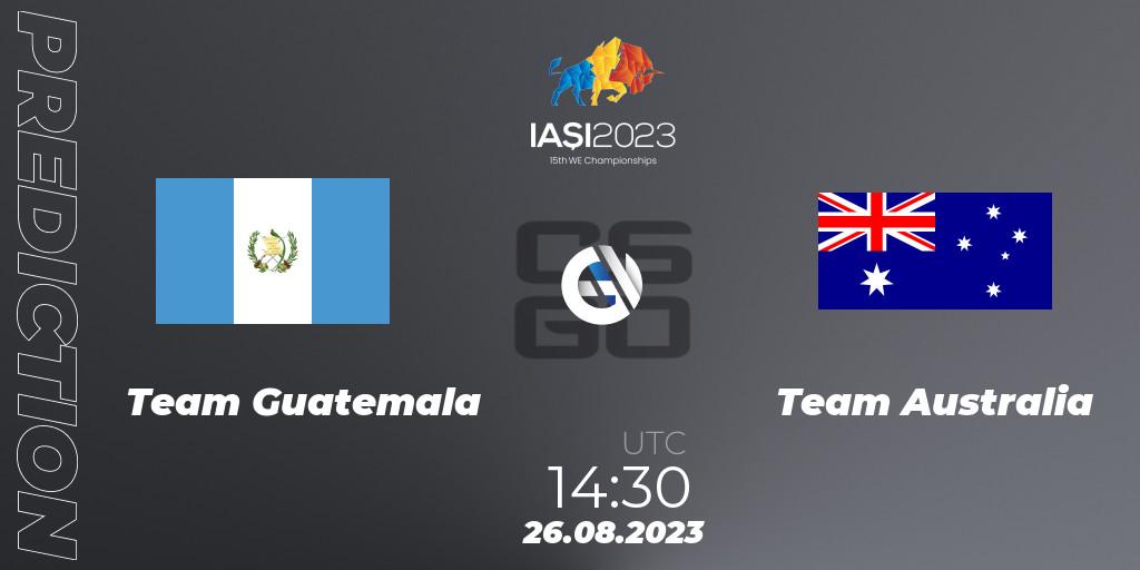 Team Guatemala contre Team Australia : prédiction de match. 26.08.2023 at 17:30. Counter-Strike (CS2), IESF World Esports Championship 2023