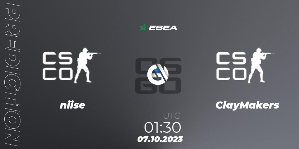 niise contre ClayMakers : prédiction de match. 07.10.2023 at 00:35. Counter-Strike (CS2), ESEA Advanced Season 46 North America