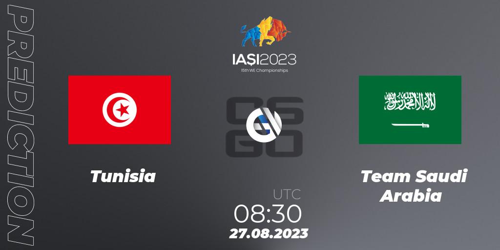 Tunisia contre Team Saudi Arabia : prédiction de match. 27.08.2023 at 12:30. Counter-Strike (CS2), IESF World Esports Championship 2023