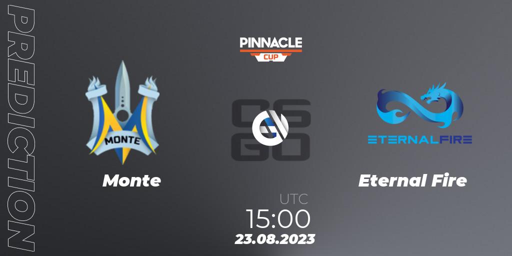 Monte contre Eternal Fire : prédiction de match. 23.08.2023 at 15:30. Counter-Strike (CS2), Pinnacle Cup V