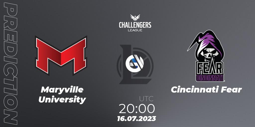 Maryville University contre Cincinnati Fear : prédiction de match. 16.07.2023 at 20:00. LoL, North American Challengers League 2023 Summer - Group Stage