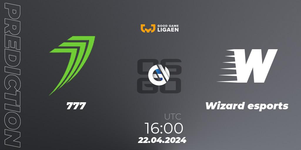 777 contre Wizard esports : prédiction de match. 22.04.2024 at 16:00. Counter-Strike (CS2), Good Game-ligaen Spring 2024