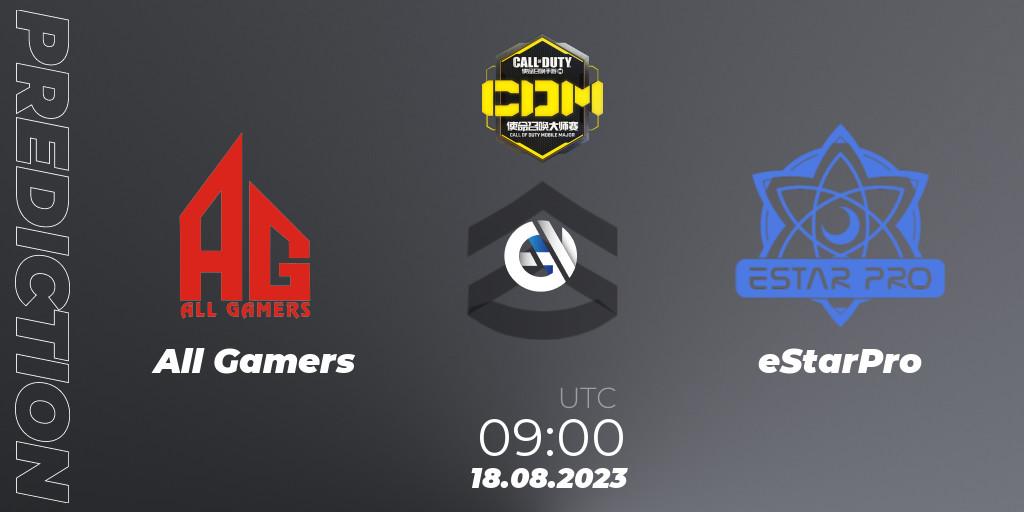 All Gamers contre eStarPro : prédiction de match. 18.08.2023 at 09:00. Call of Duty, China Masters 2023 S6 - Stage 2