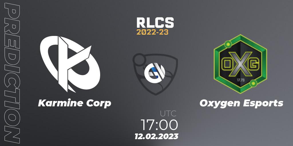 Karmine Corp contre Oxygen Esports : prédiction de match. 12.02.2023 at 16:50. Rocket League, RLCS 2022-23 - Winter: Europe Regional 2 - Winter Cup