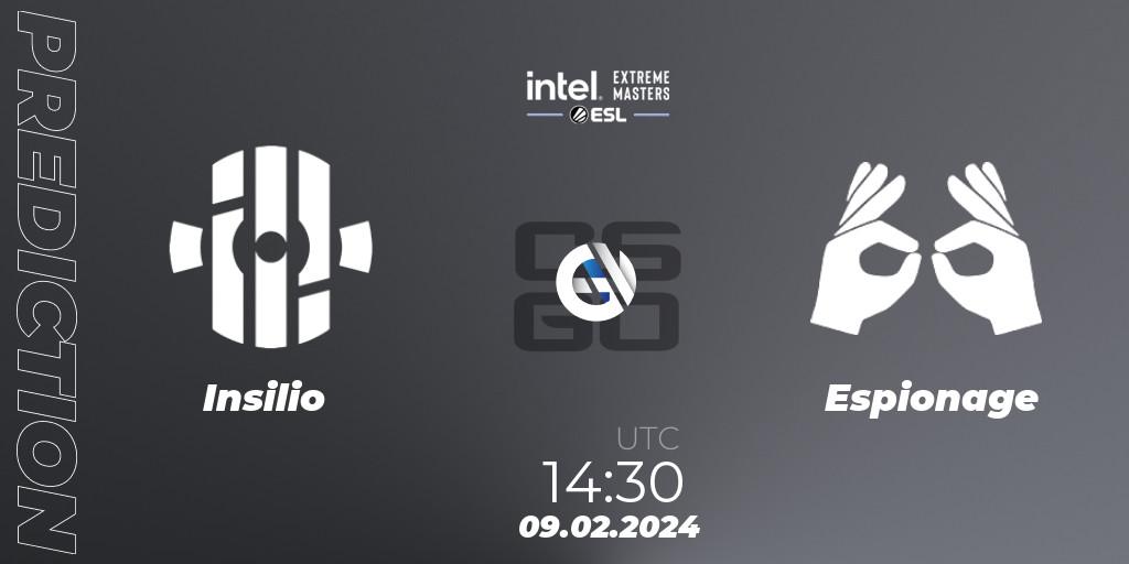 Insilio contre Espionage : prédiction de match. 09.02.2024 at 14:30. Counter-Strike (CS2), Intel Extreme Masters China 2024: European Closed Qualifier