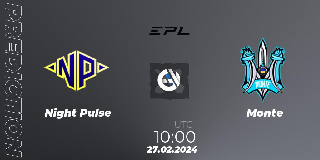 Night Pulse contre Monte : prédiction de match. 27.02.2024 at 10:00. Dota 2, European Pro League Season 17: Division 2