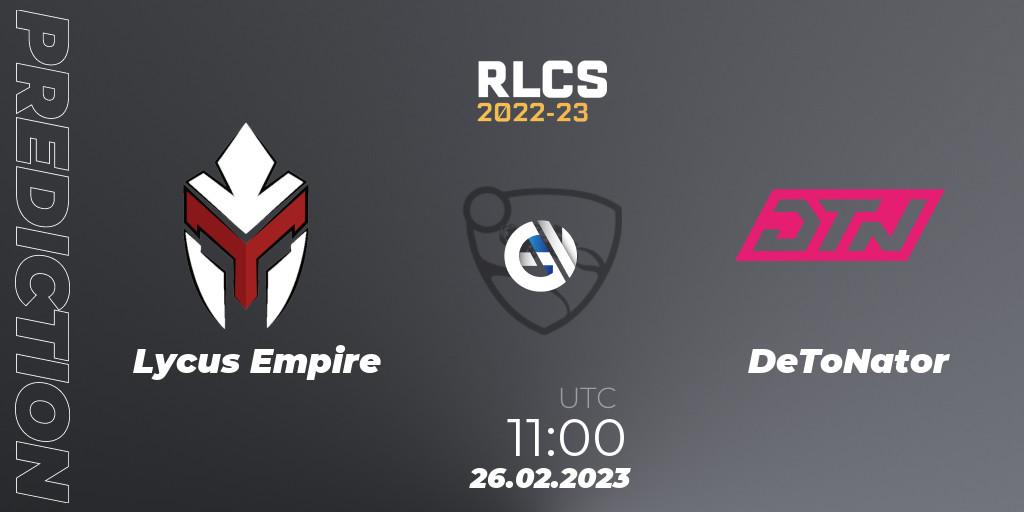 Lycus Empire contre DeToNator : prédiction de match. 26.02.2023 at 11:20. Rocket League, RLCS 2022-23 - Winter: Asia-Pacific Regional 3 - Winter Invitational
