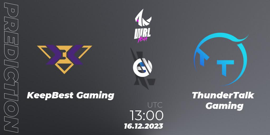 KeepBest Gaming contre ThunderTalk Gaming : prédiction de match. 16.12.2023 at 13:00. Wild Rift, WRL Asia 2023 - Season 2 - Regular Season