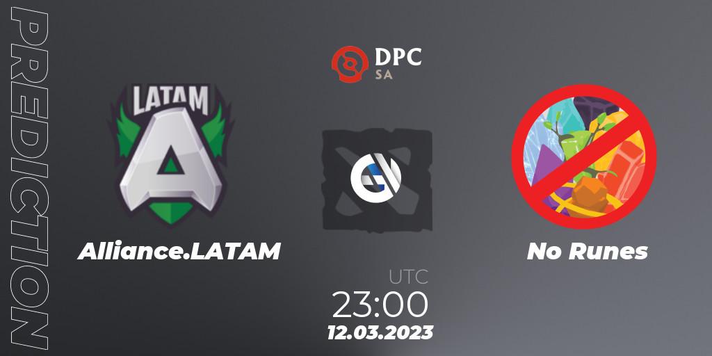 Alliance.LATAM contre No Runes : prédiction de match. 12.03.23. Dota 2, DPC 2023 Tour 2: SA Division I (Upper)