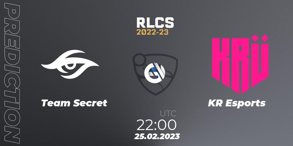 Team Secret contre KRÜ Esports : prédiction de match. 25.02.2023 at 20:00. Rocket League, RLCS 2022-23 - Winter: South America Regional 3 - Winter Invitational