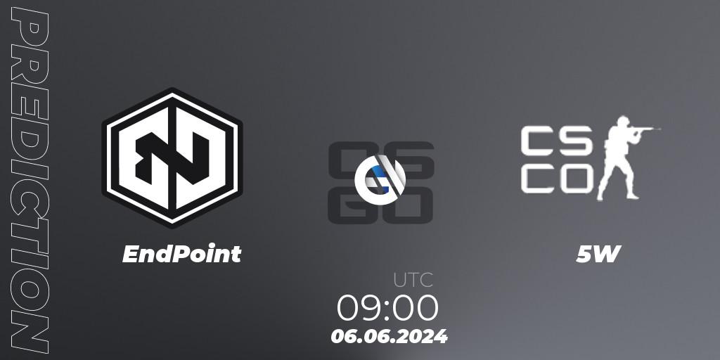 EndPoint contre 5W Gaming : prédiction de match. 06.06.2024 at 09:00. Counter-Strike (CS2), Regional Clash Arena Europe