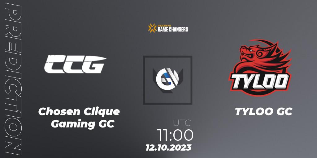 Chosen Clique Gaming GC contre TYLOO GC : prédiction de match. 12.10.2023 at 13:00. VALORANT, VALORANT Champions Tour 2023: Game Changers China Qualifier