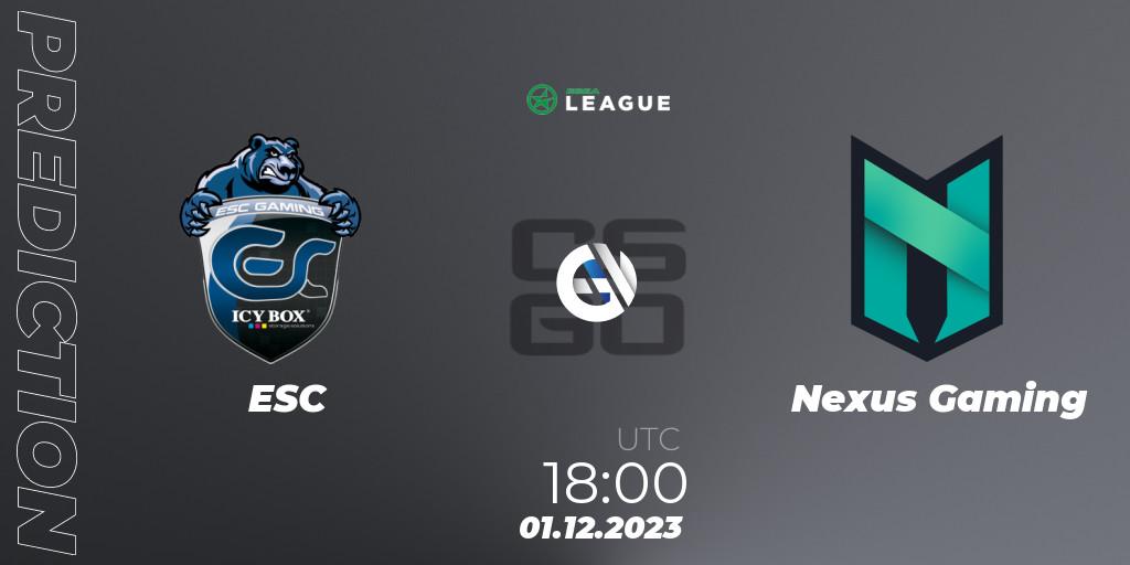 ESC contre Nexus Gaming : prédiction de match. 01.12.23. CS2 (CS:GO), ESEA Season 47: Advanced Division - Europe