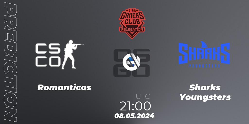 Romanticos contre Sharks Youngsters : prédiction de match. 08.05.2024 at 21:00. Counter-Strike (CS2), Gamers Club Liga Série A Relegation: May 2024