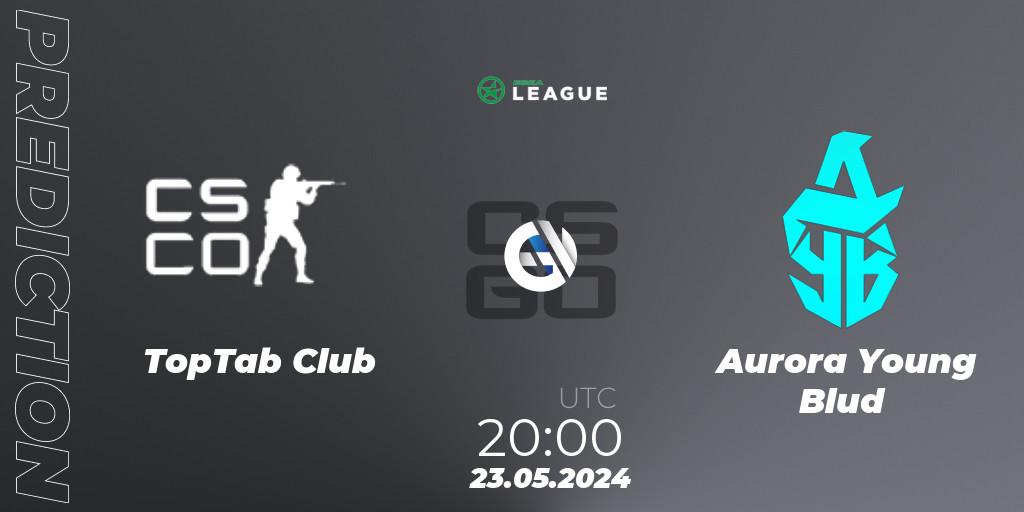 TopTab Club contre Aurora Young Blud : prédiction de match. 23.05.2024 at 20:00. Counter-Strike (CS2), ESEA Season 49: Advanced Division - Europe