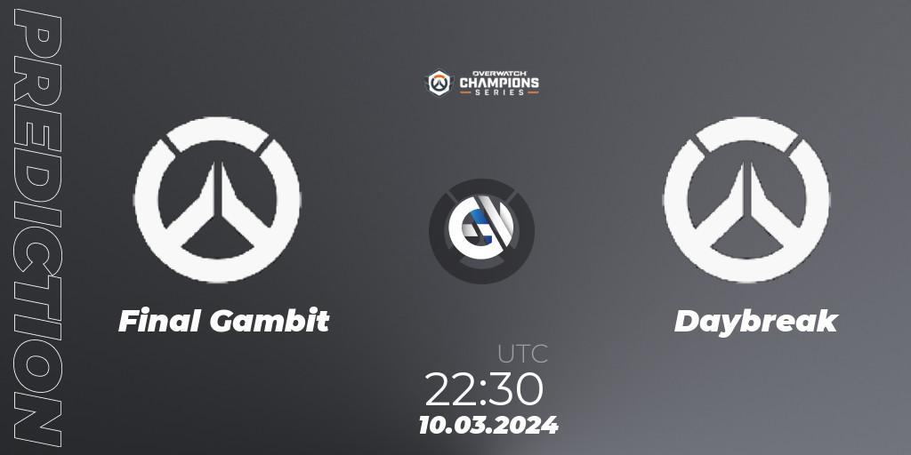 Final Gambit contre Daybreak : prédiction de match. 10.03.2024 at 22:30. Overwatch, Overwatch Champions Series 2024 - North America Stage 1 Group Stage
