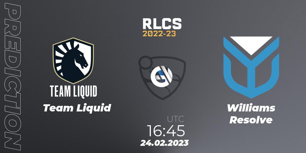 Team Liquid contre Williams Resolve : prédiction de match. 24.02.2023 at 16:45. Rocket League, RLCS 2022-23 - Winter: Europe Regional 3 - Winter Invitational